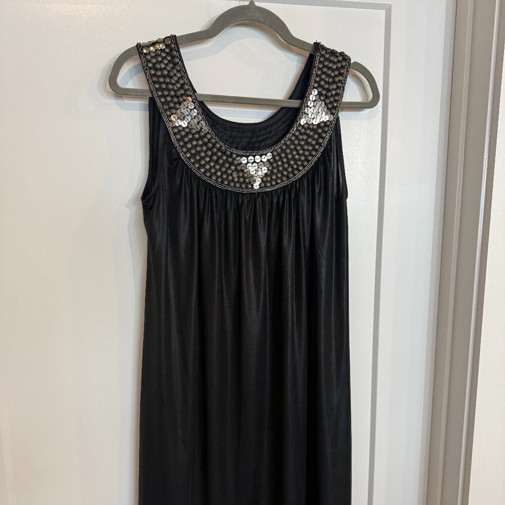 Vintage Black Beaded Sequin Neckline Dress Flowy Boho Evening Dress M